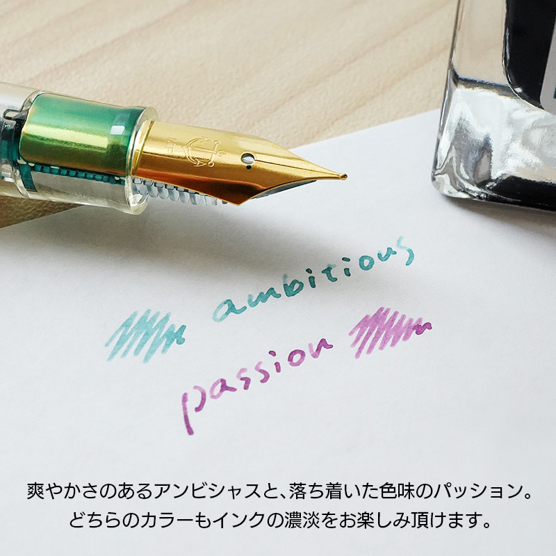 爽やかさのあるアンビシャスと、落ち着いた色味のパッション。どちらのカラーもインクの濃淡をお楽しみ頂けます。