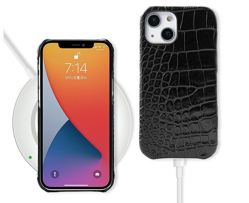 ワイヤレス充電・ケーブル充電両方対応、イタリアンレザー クロコ バック カバーケース for iPhone13ケース