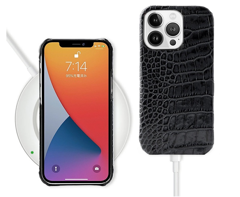 ワイヤレス充電・ケーブル充電両方対応、イタリアンレザー クロコ バック カバーケース for iPhone13Proケース