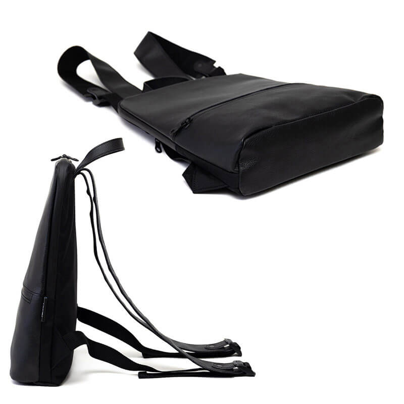 前面と底面、持ち手、肩ベルトの表面に撥水加工を施した牛革を使用しています。