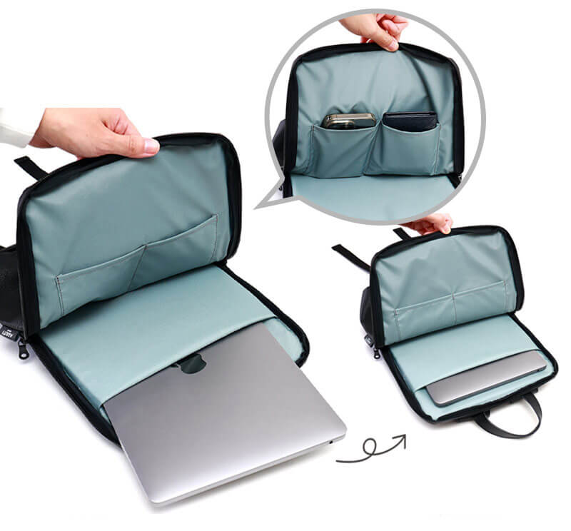 メインの収納部にはダブルジップを採用。 ファスナーは全て、YKK社製の止水ファスナーです。 