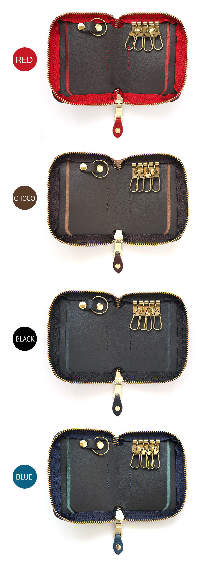 インナー部分はキーリング/キーフックがゴールドカラー、カードポケット部分がブラウンの共通カラーになっています。