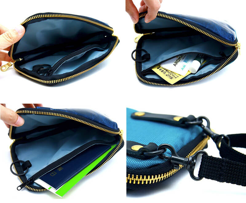 L字のファスナーで大きく開きます。 収納部は全部で3つ