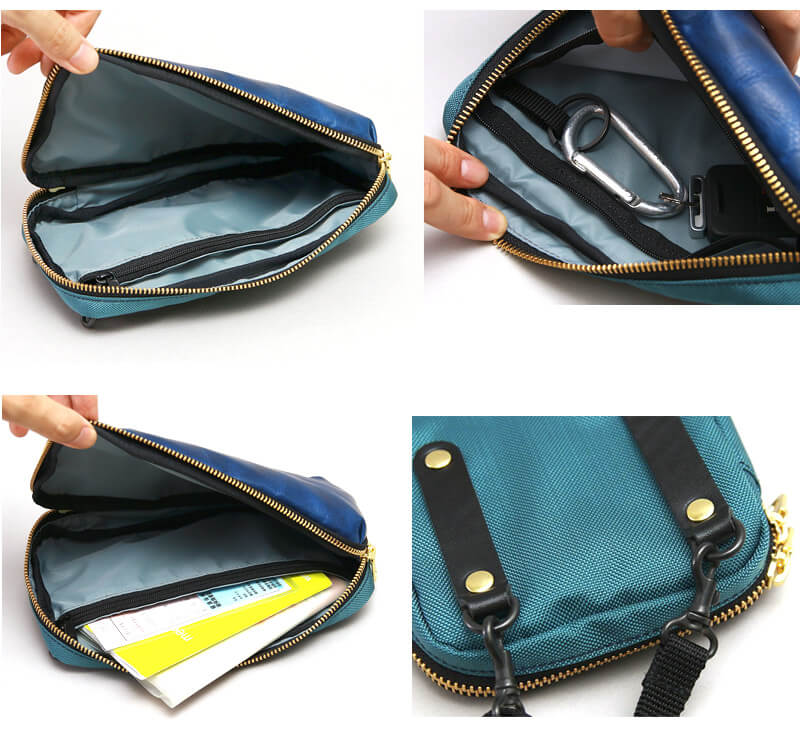 L字のファスナーで大きく開きます。 収納部は全部で3つ