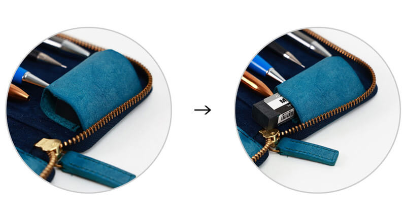 消しゴムなどが収納できる革の輪ポケット