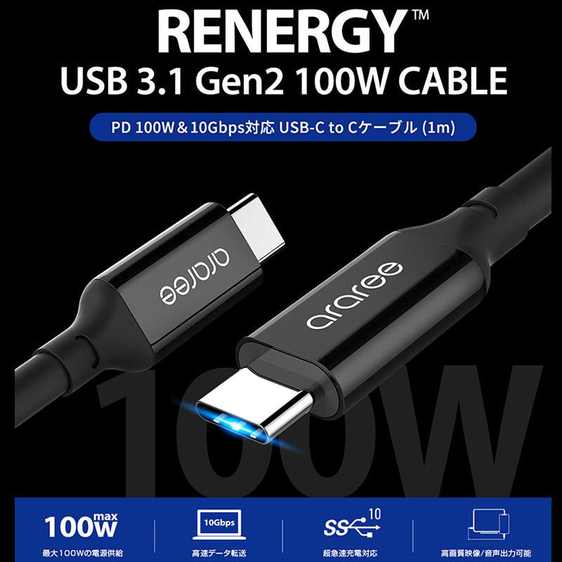 RENERGY PD 100W＆10Gbps対応 USB-C to Cケーブル