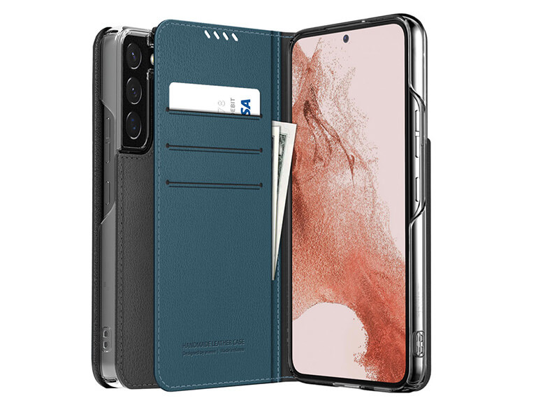 手ざわりのいいプレミアムレザー(合成皮革)を使用した、スリムでクラシックな手帳型ケース