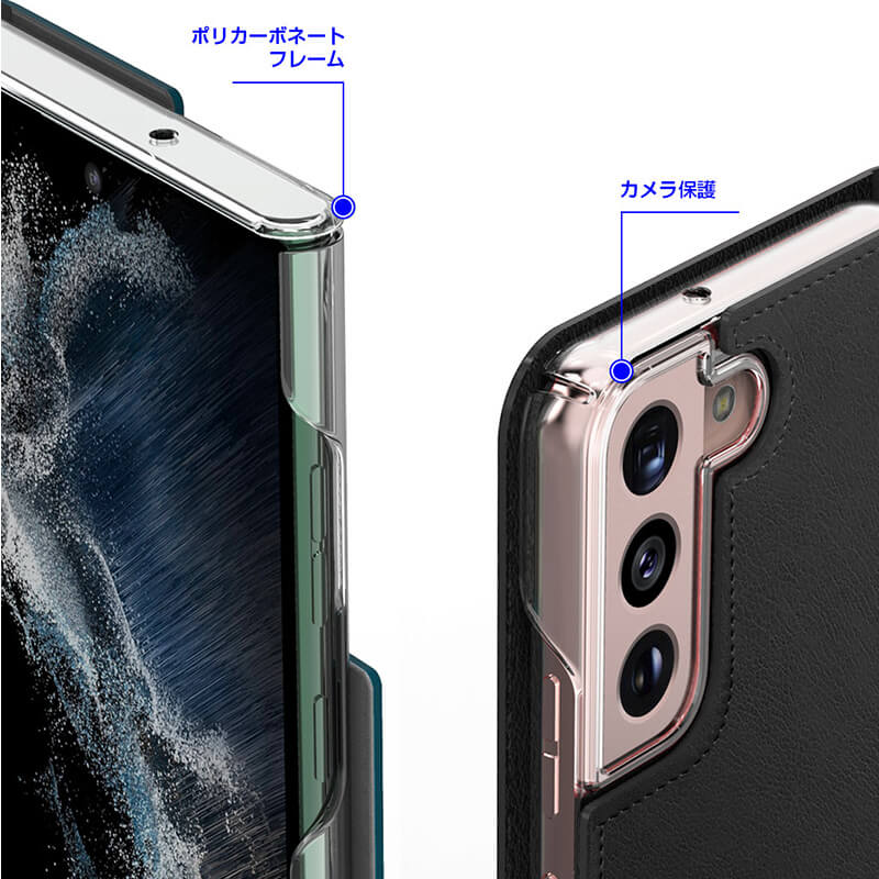 アラリーのマスタングダイアリー手帳型ケースは、フレーム部分がポリカーボネート製を採用、衝撃からしっかりと保護します。