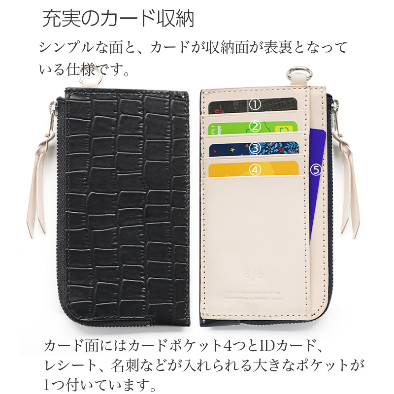 シンプルな面と、カードが収納面が表裏となっている仕様です。カードは４枚収納可能、大きなサイドポケットも付いています。