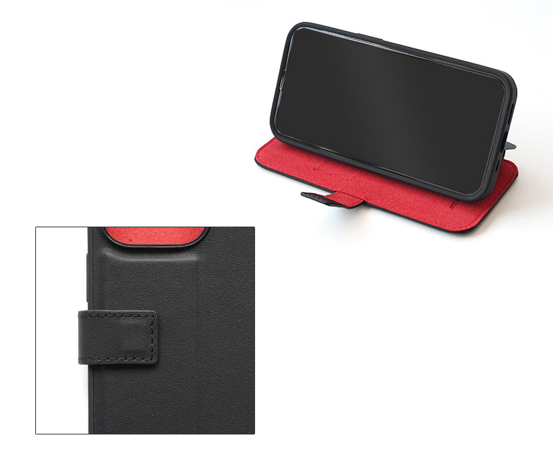 ケース背面部分を折り曲げるとスタンドとしても使えます。マグネット留め具付きで安全かつ素早く簡単に開閉できるデザインです