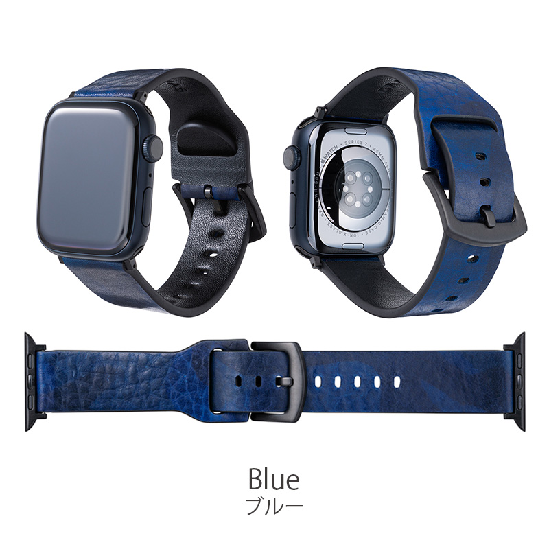グラマスの本革製のミリタリー調レザーバンド、Blue ブルー