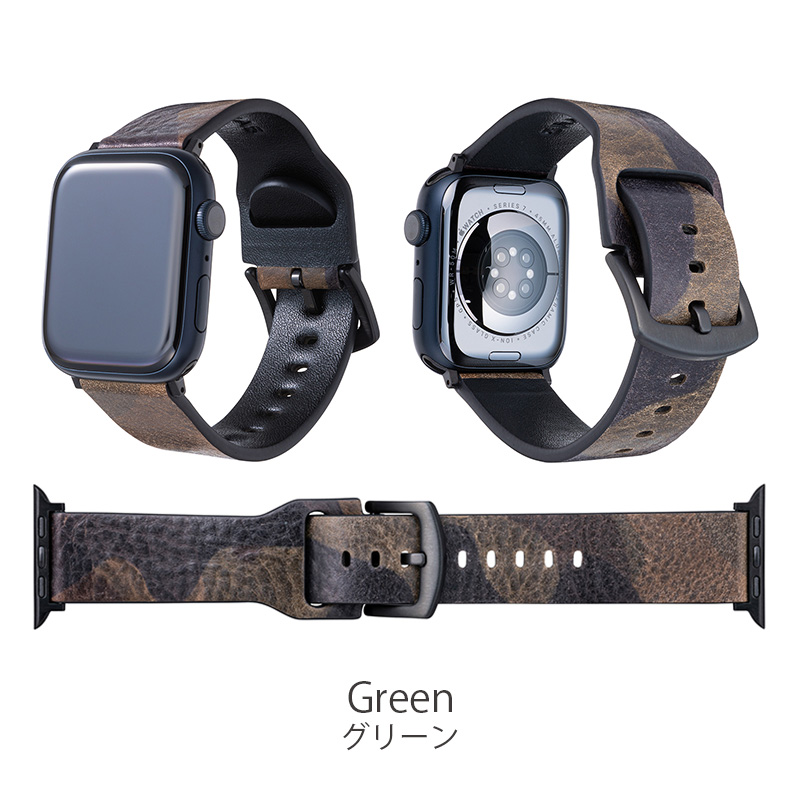 グラマスの本革製のミリタリー調レザーバンド、Green グリーン