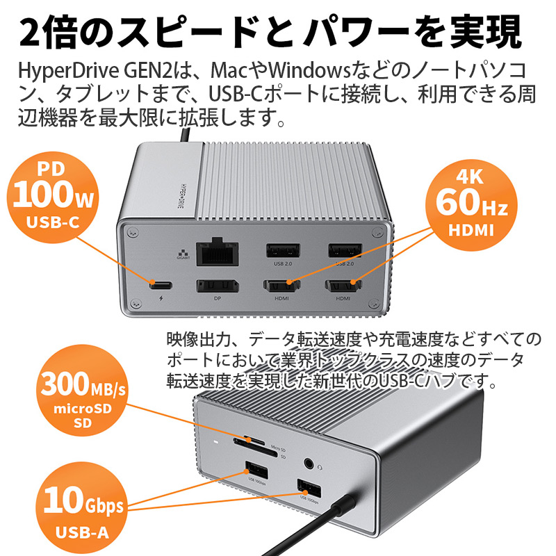 HyperDrive GEN2は、MacやWindowsなどのノートパソコン、タブレットまで、USB-Cポートに接続し、利用できる周辺機器を最大限に拡張します。映像出力、データ転送速度や充電速度などすべてのポートにおいて業界トップクラスの速度のデータ転送速度を実現した新世代のUSB-Cハブです。 