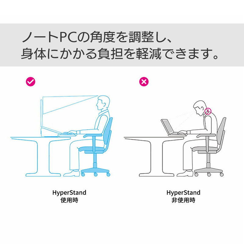 
ノートPCの角度を調整し、身体にかかる負担を軽減できます。

