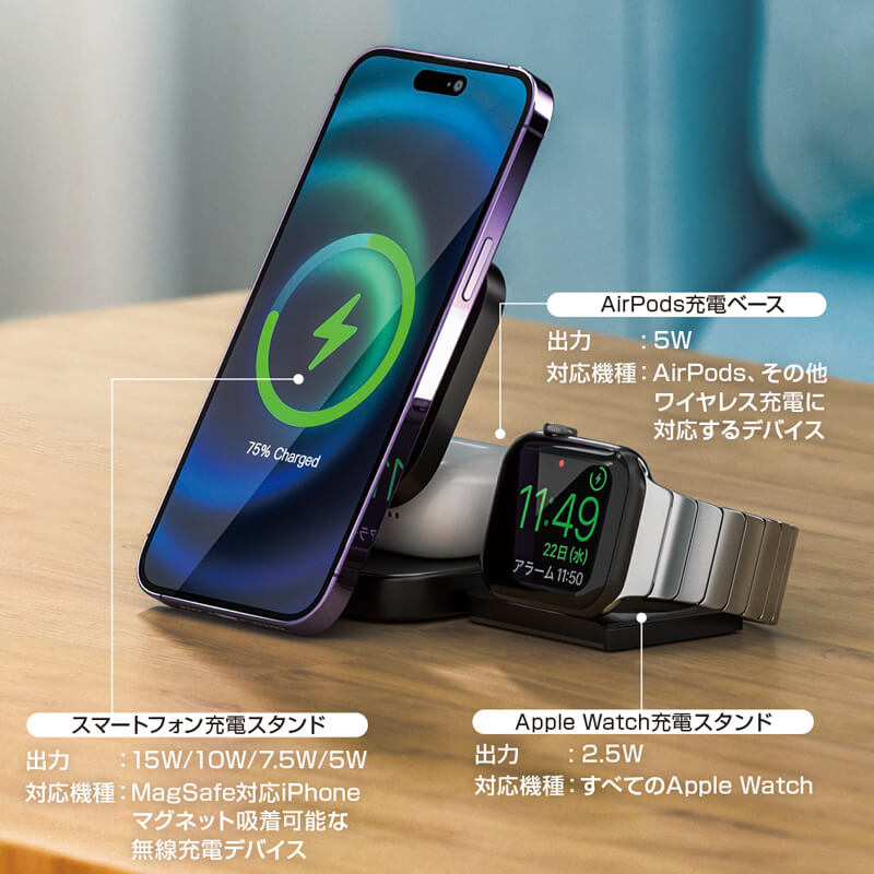 3台同時ワイヤレス充電 合計最大出力 22.5W