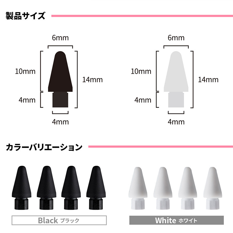 製品サイズは横ｘ縦ｘ厚さが0.6ｘ1.4ｘ0.6cm。カラーバリエーションは白と黒の二色展開
