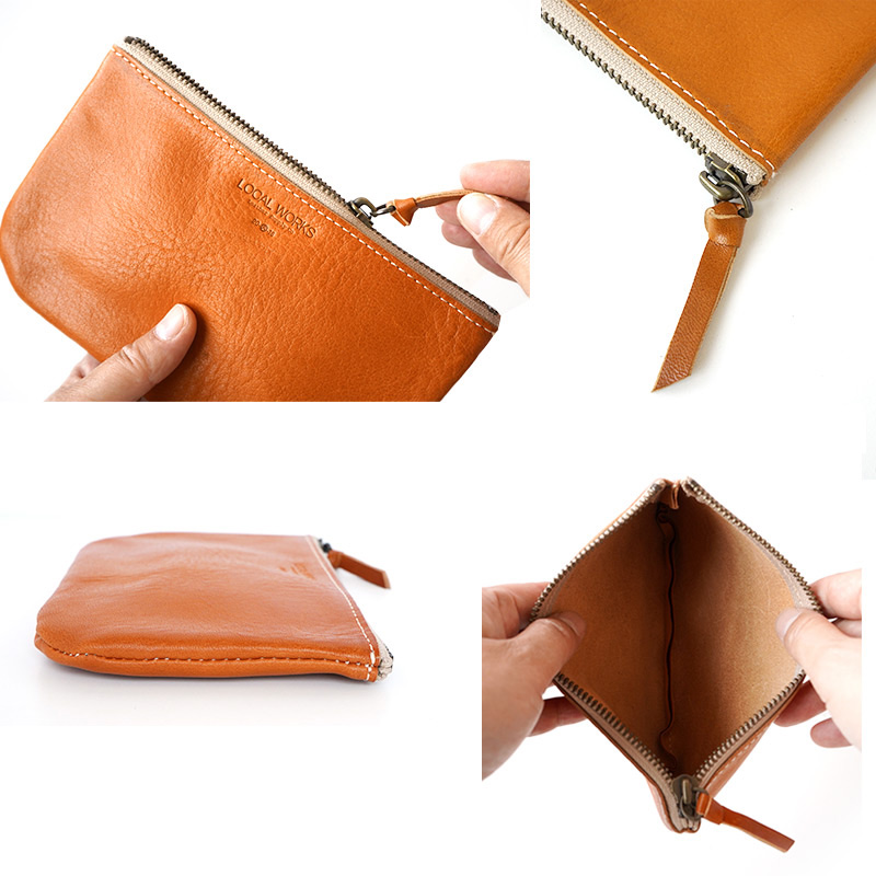 ファスナー引手には本体と同素材のレザーを使用しています。スリムでカバンの隙間にも入るので、バッグインバッグとしても。