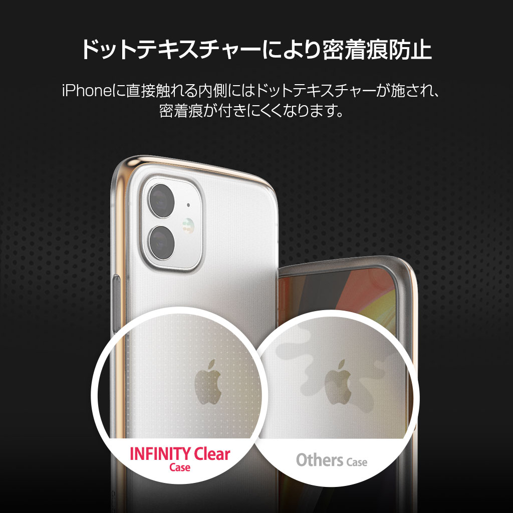 iPhoneに直接触れる内側に施されたドットテキスチャーにより密着痕防止