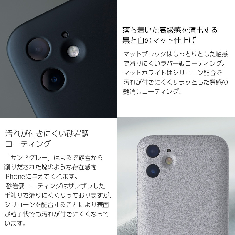 マットブラックはしっとりとした触感で滑りにくいラバー調コーティング。マットホワイトはシリコーン配合で汚れが付きにくくサラッとした質感の艶
消しコーティング。サンドグレーはザラザラした砂のような手触りの砂岩調コーティング。