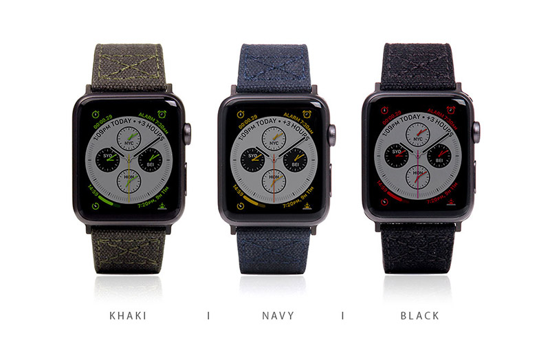 キャンバス地に同色のステッチがファッショナブルなApple Watchバンド