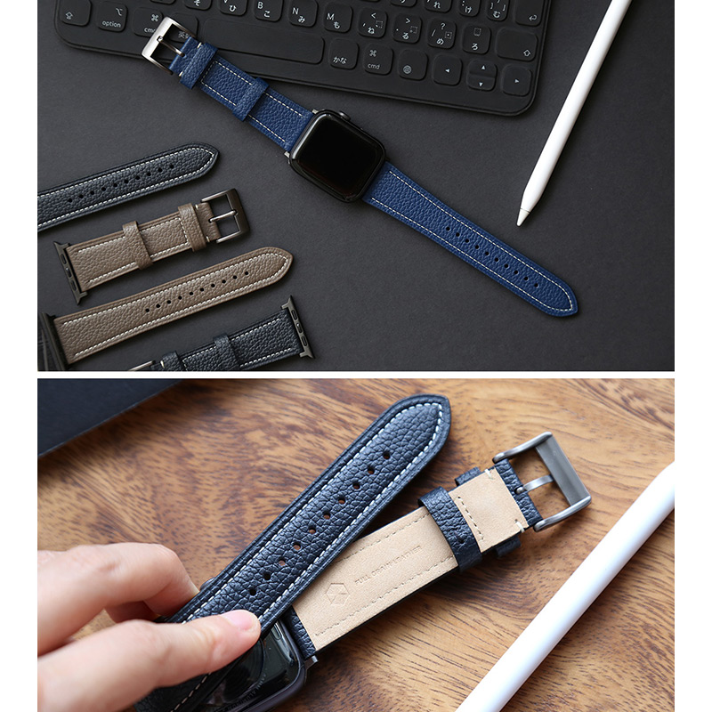 生成（きなり）糸のステッチ、Apple Watch本革バンド