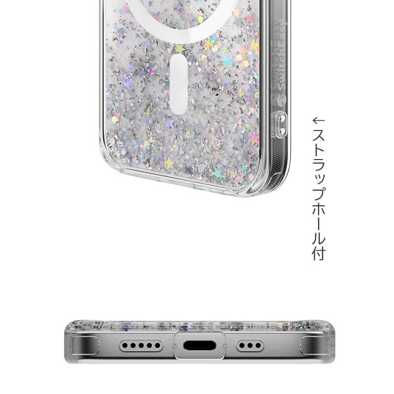 ケース下部側面にストラップホール。お好きなストラップを付けられます。スピーカーホールと充電用ケーブル差し込み口部分は開いています。