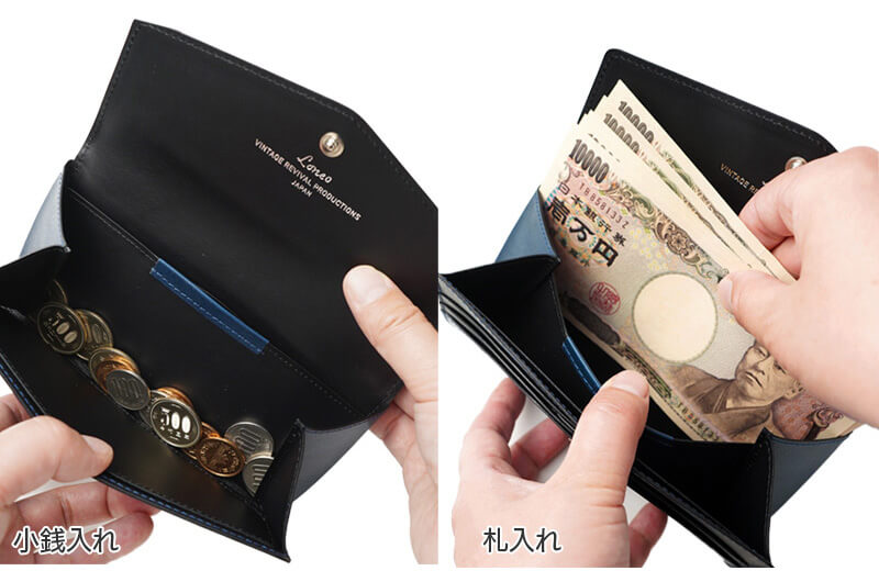 小銭入れが大きく開いて一目瞭然。 広がる仕切りでお札をスムーズに出し入れ。