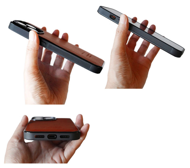 ケースの両サイドに施されたグリップ加工が、不意の落下を防ぎます。