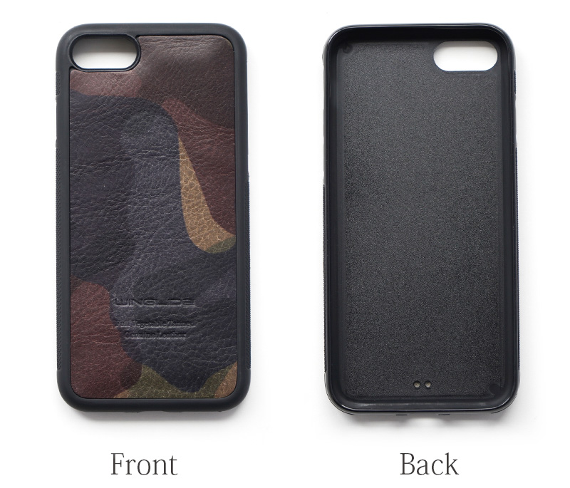 カモフラージュ柄のレザーを使用した背面型ケース、表と裏側の様子