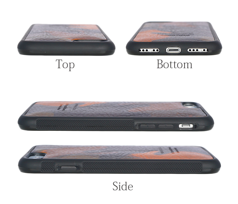 カモフラージュ柄のレザーを使用した背面型ケースの細部