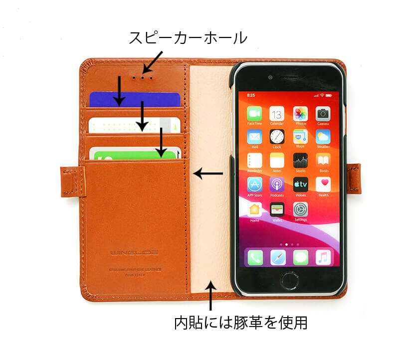 クレジットカード、ID、紙幣やレシート、名刺などが入れられるポケット付き。小さいポケットが3つ、大きいポケットが1つ付いています。