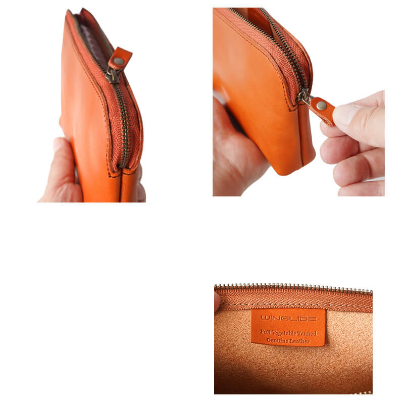 ファスナー引手には本体と同素材のレザーを使用しています。見やすく、取り出しやすいＬ字ファスナーになっています。