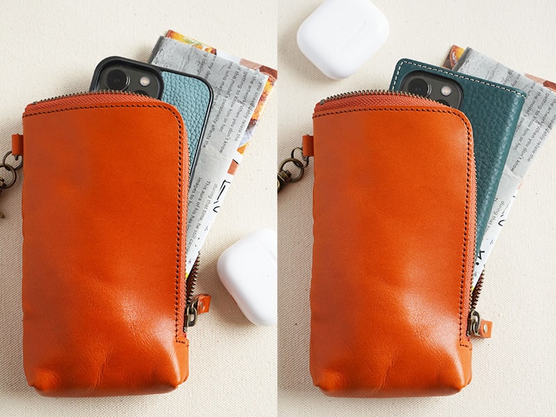 ケースを装着した6.1インチのスマートフォン(iPhone13/13Pro)が入るタテ型マルチポーチ。