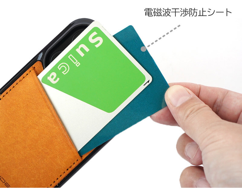 非接触ICカードを収納する場合は、iPhoneとの間に電磁波干渉防止シートを重ねて入れてお使いください。