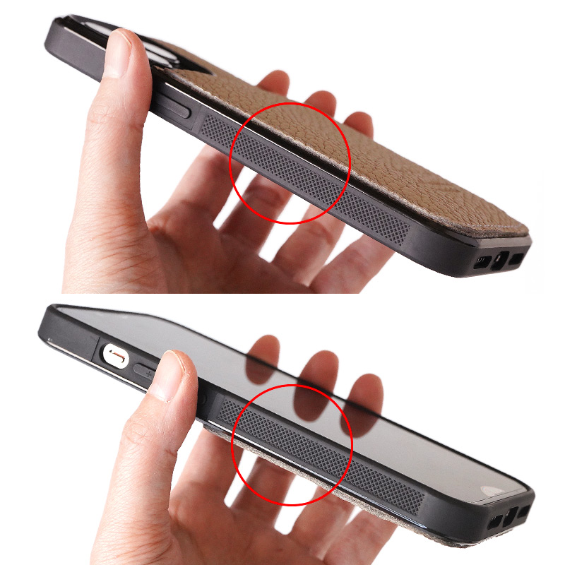 ケースの両サイドには滑り止めのグリップ加工が施されています。