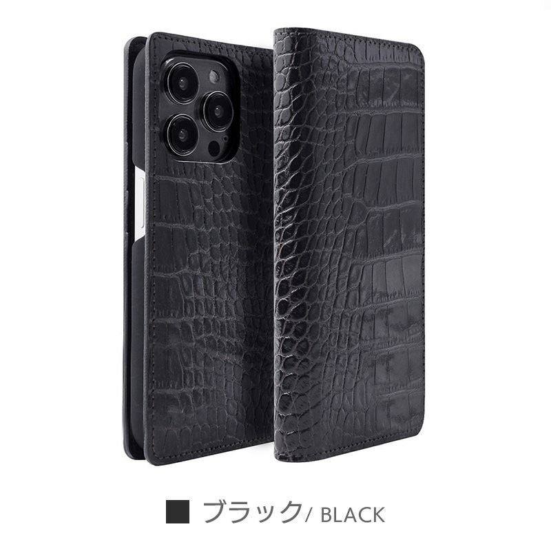 （iPhone15）MAISON TAKUYA ブラックレザー手帳型ケース イタリアンレザー☆クロコ柄】iPhone15Pro / iPhone15ProMax