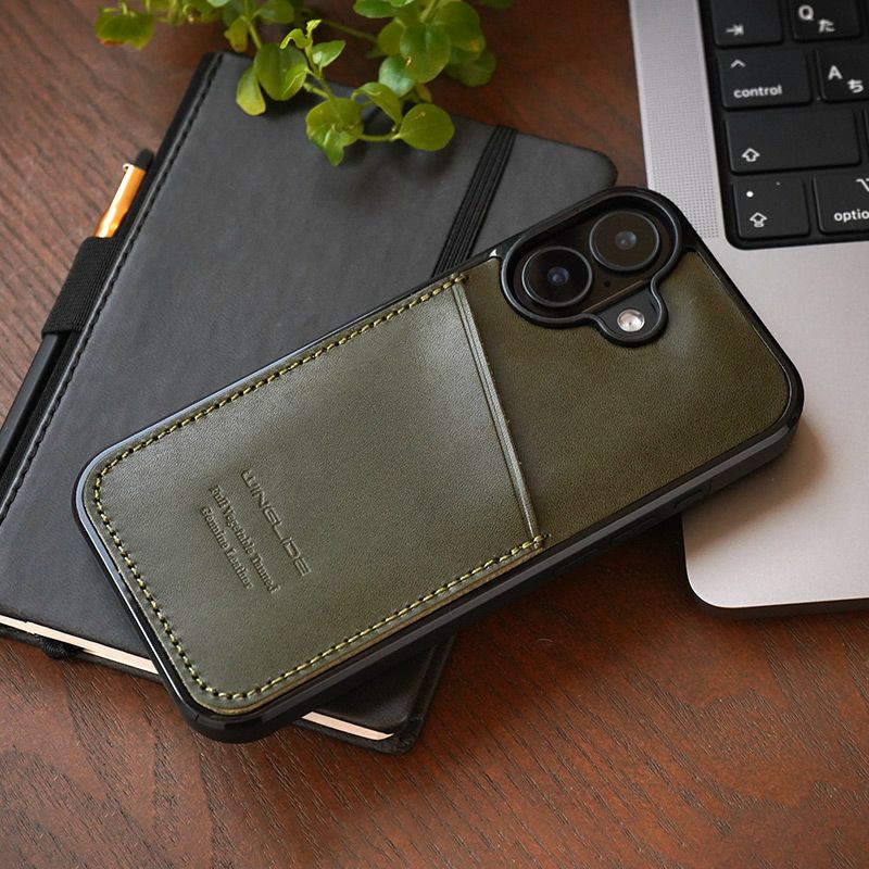 iPhone17 ケース 背面 カード収納 ブランド 本革 スマホケース カード入れ レザー カバー 栃木レザー カードポケット グリーン 深緑