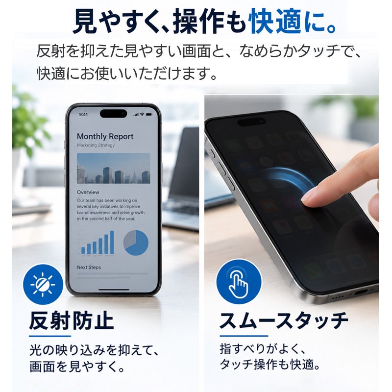 除き見防止フィルム iPhone15 / 15Pro / 15ProMax / 15Plus フィルム のぞき見防止 ブルーライトカット 覗き見防止 